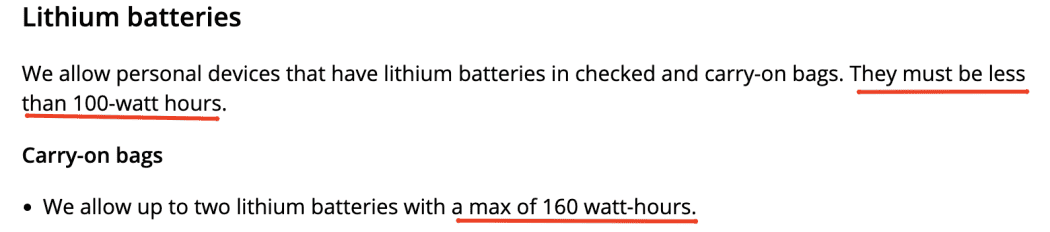 United Airlines max battery limit