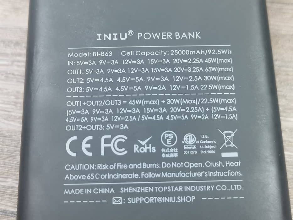 INIU 25000mah specs